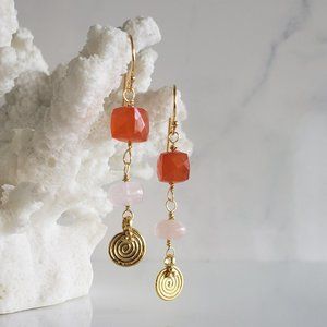 Handcrafted, Unique 🌿 Carnelian and Morganite Earrings, 925 Silver 24K GP